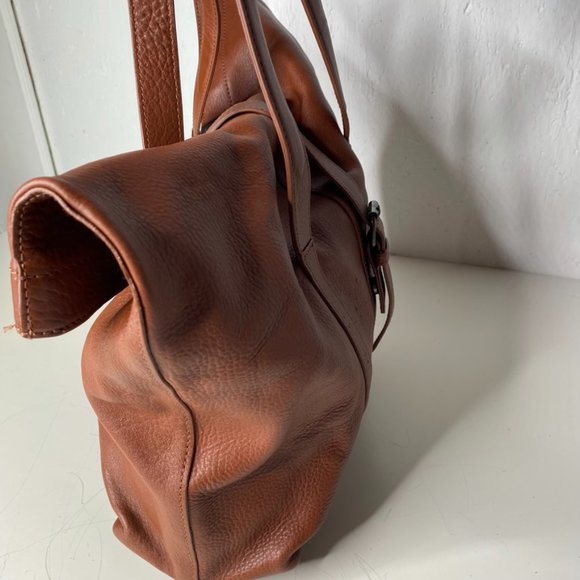 LL Bean Signature Tan Womens Leather Fold Over Shoulder Tote Work Computer Large - Picture 4 of 14